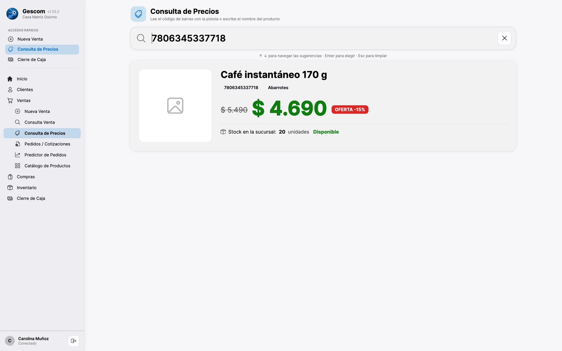 Consulta de precios mostrando un producto en oferta con su precio en grande