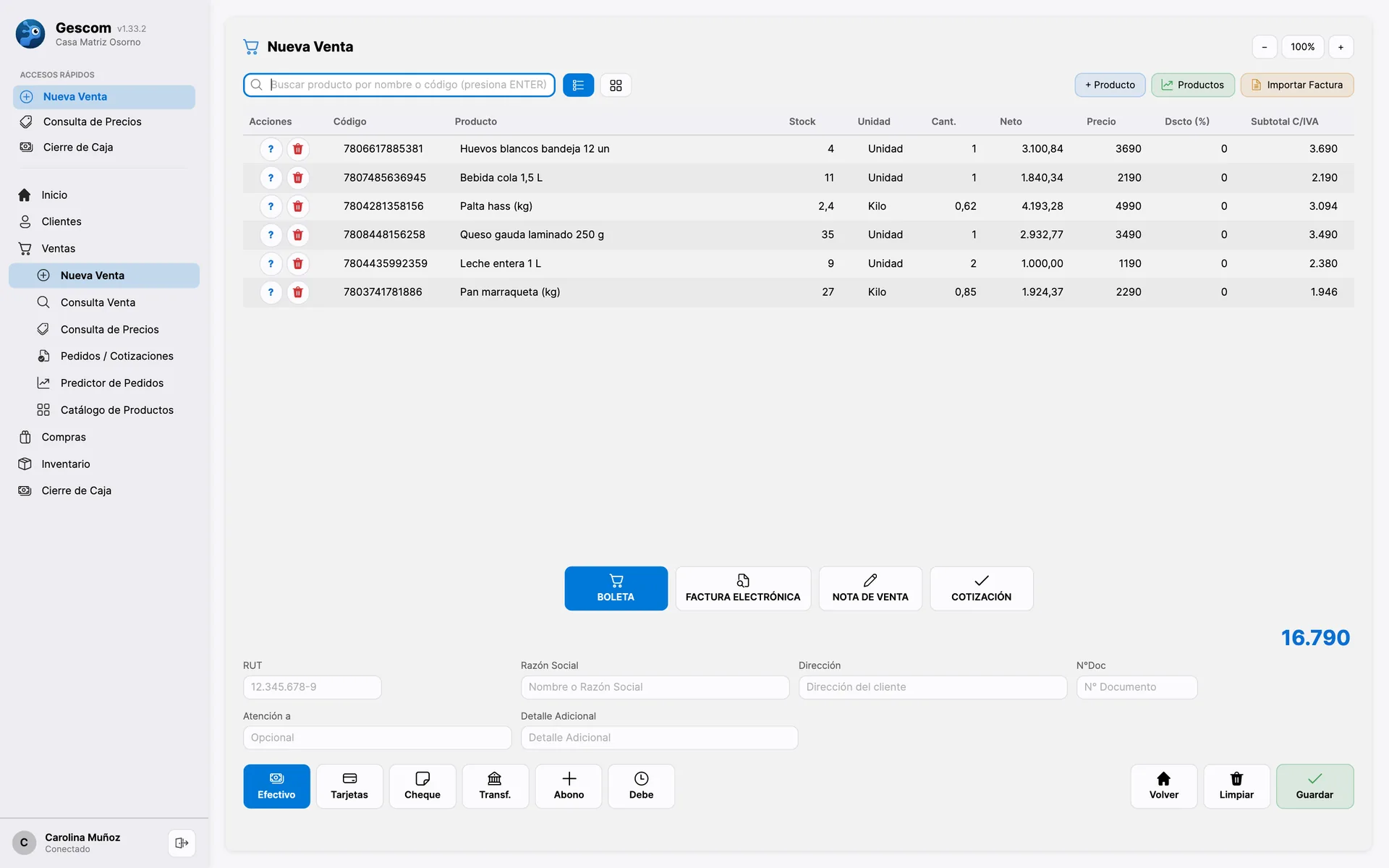 Gescom, pantalla de venta con lector