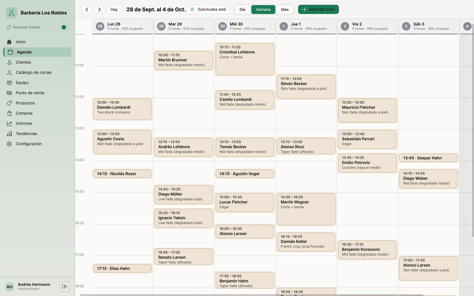 Agenda semanal de un barbero con sus citas