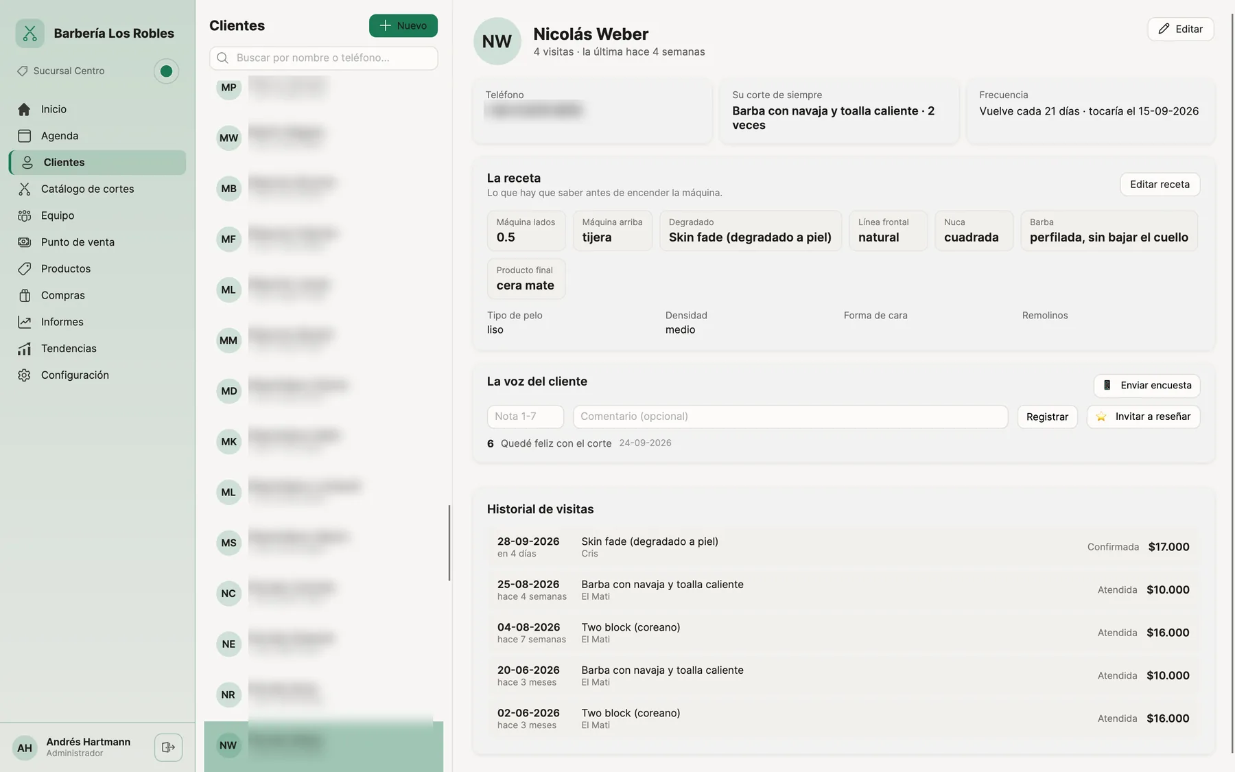 Ficha de un cliente con su receta de corte e historial de visitas