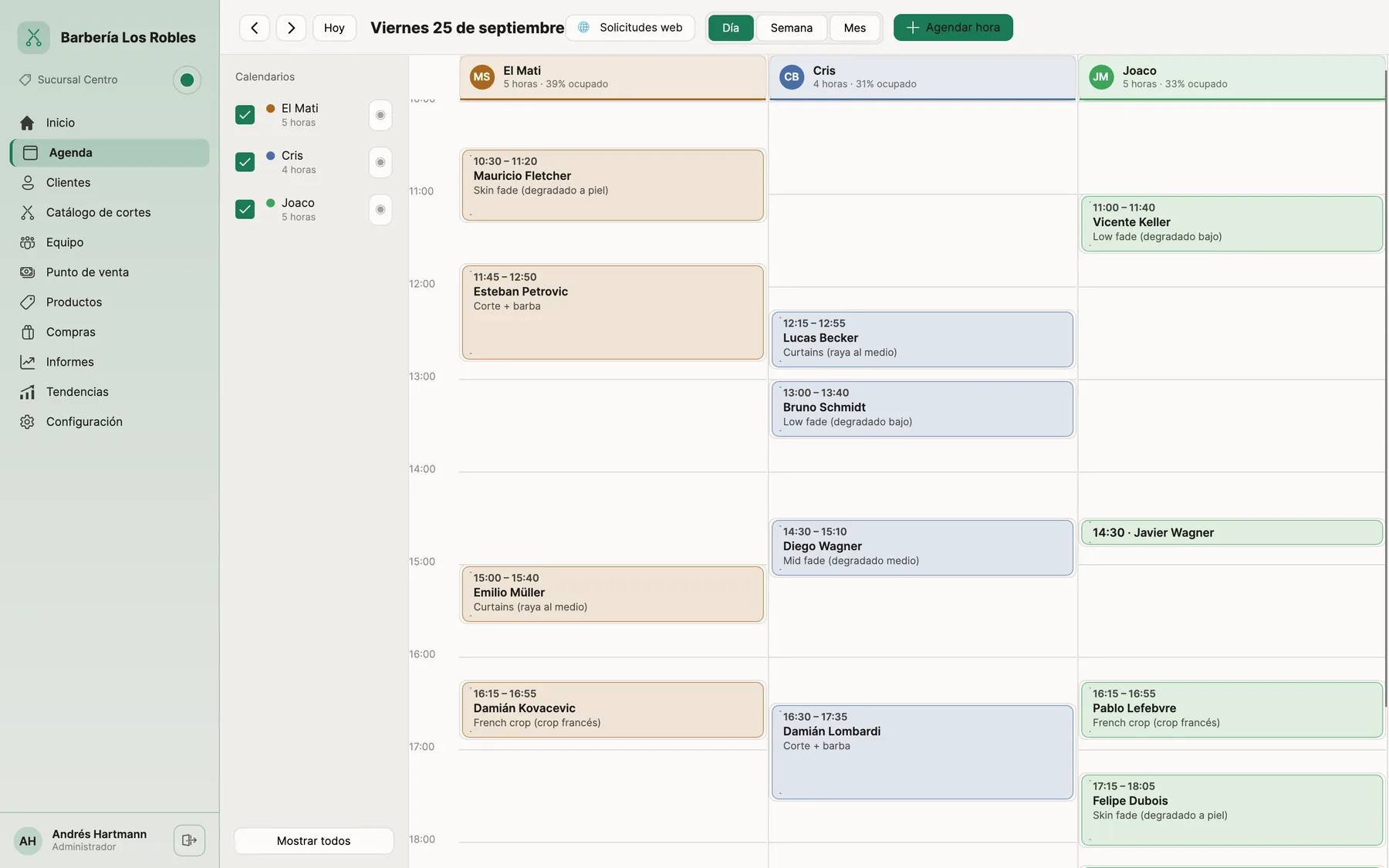 Agenda del día con las citas de cada barbero en colores