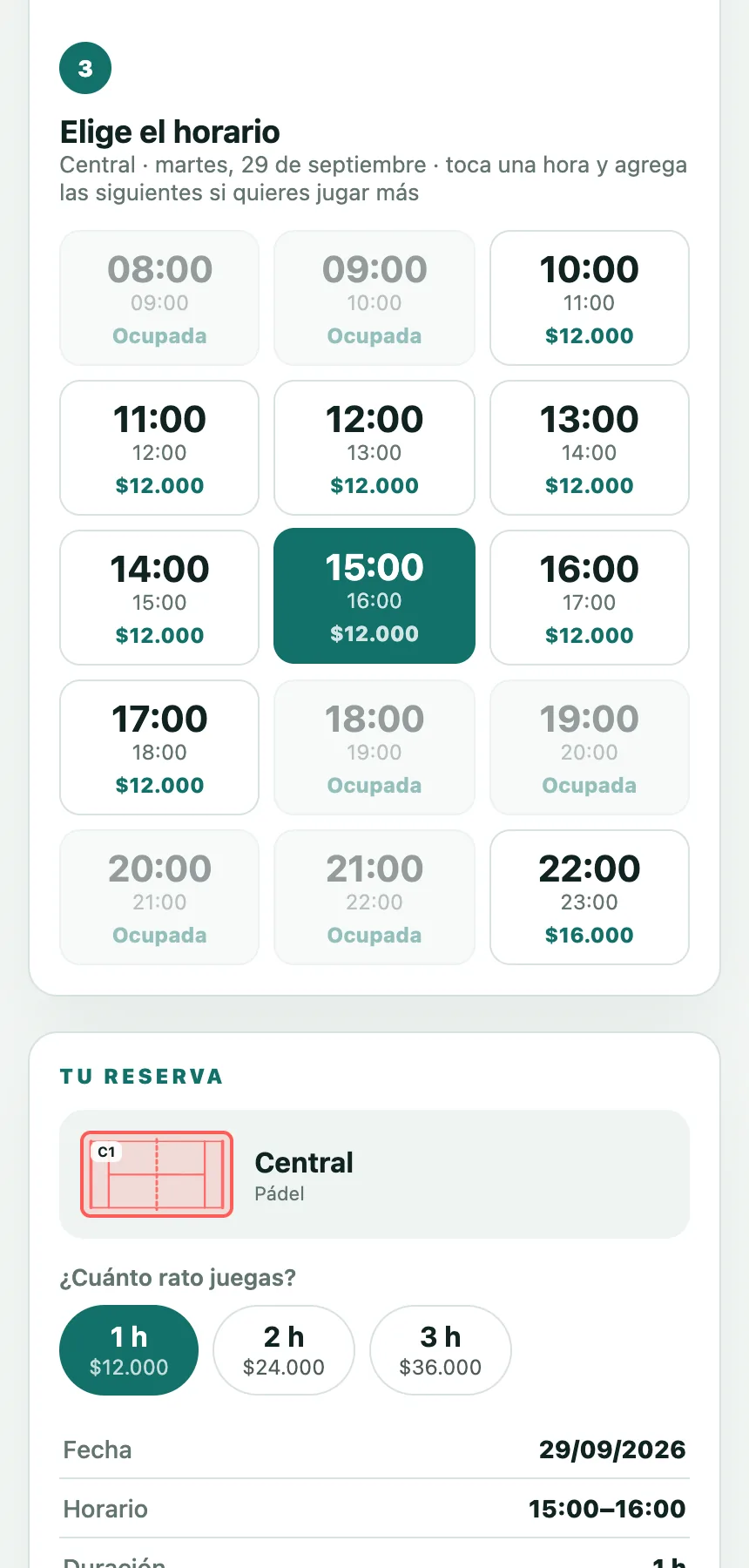Portal de reservas en el celular con los horarios libres