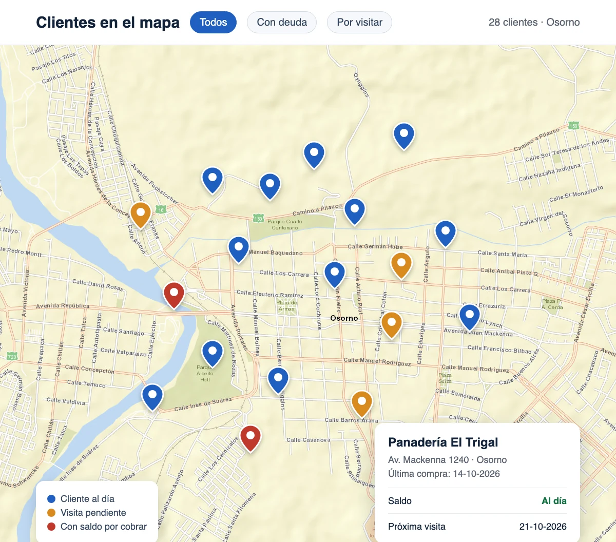 Mapa de Osorno con los clientes marcados con pinchos de colores