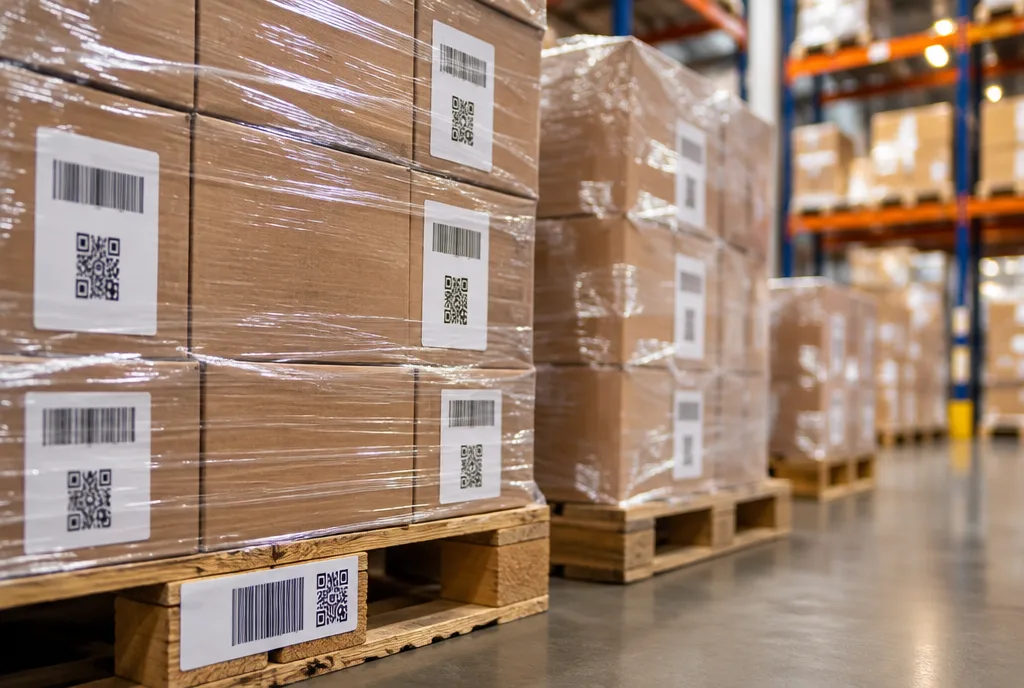 Pallets con cajas etiquetadas con código de barras y QR