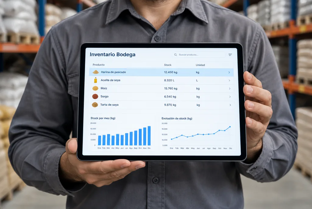Encargado mostrando en una tablet el inventario de la bodega con gráficos de stock