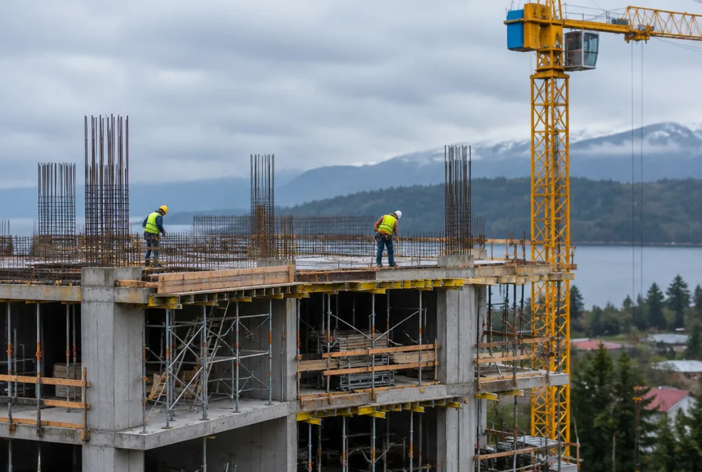 Edificio en construcción con grúa y trabajadores