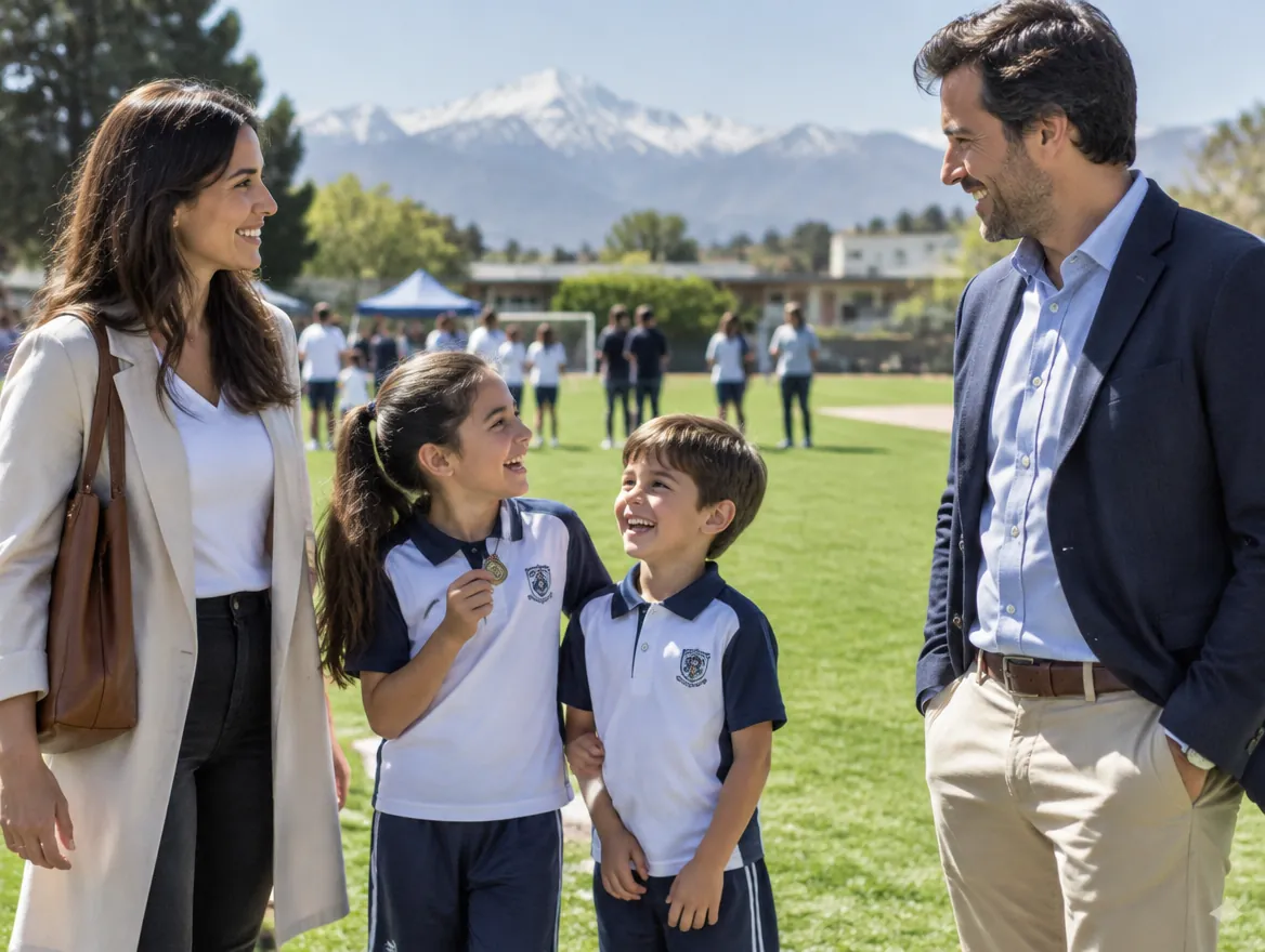 Padres separados conversan con respeto en la jornada deportiva del colegio, junto a sus hijos felices