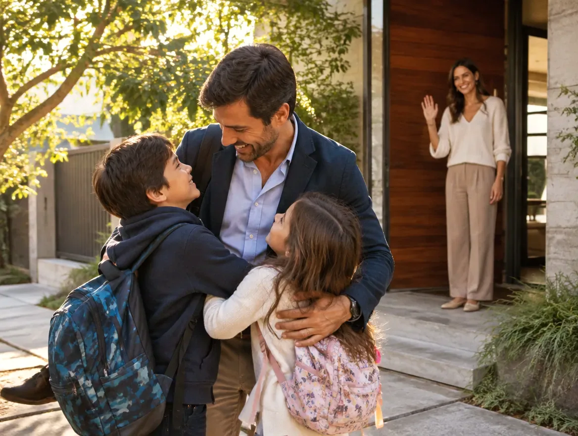 Un padre pasa a buscar a sus hijos donde la madre, que se despide sonriendo desde la puerta