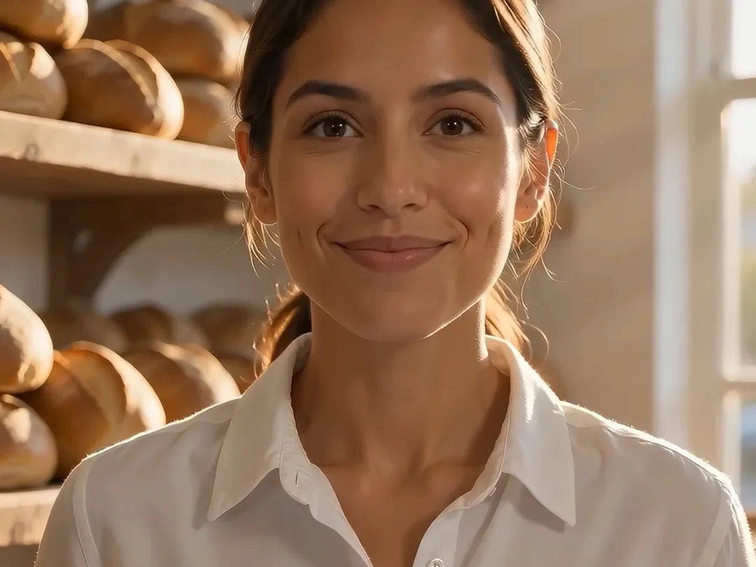 Panadera sonriente frente a los panes recién horneados