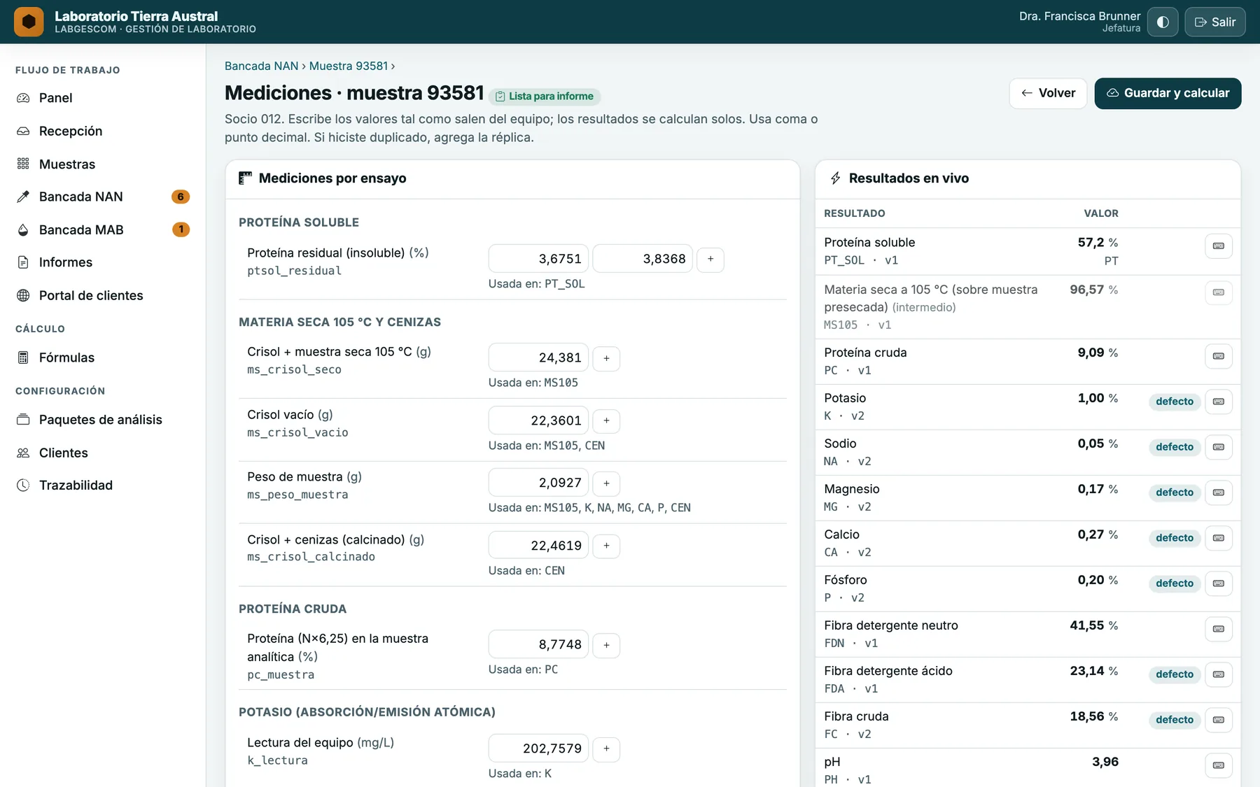 Ingreso de mediciones con los resultados calculados en vivo