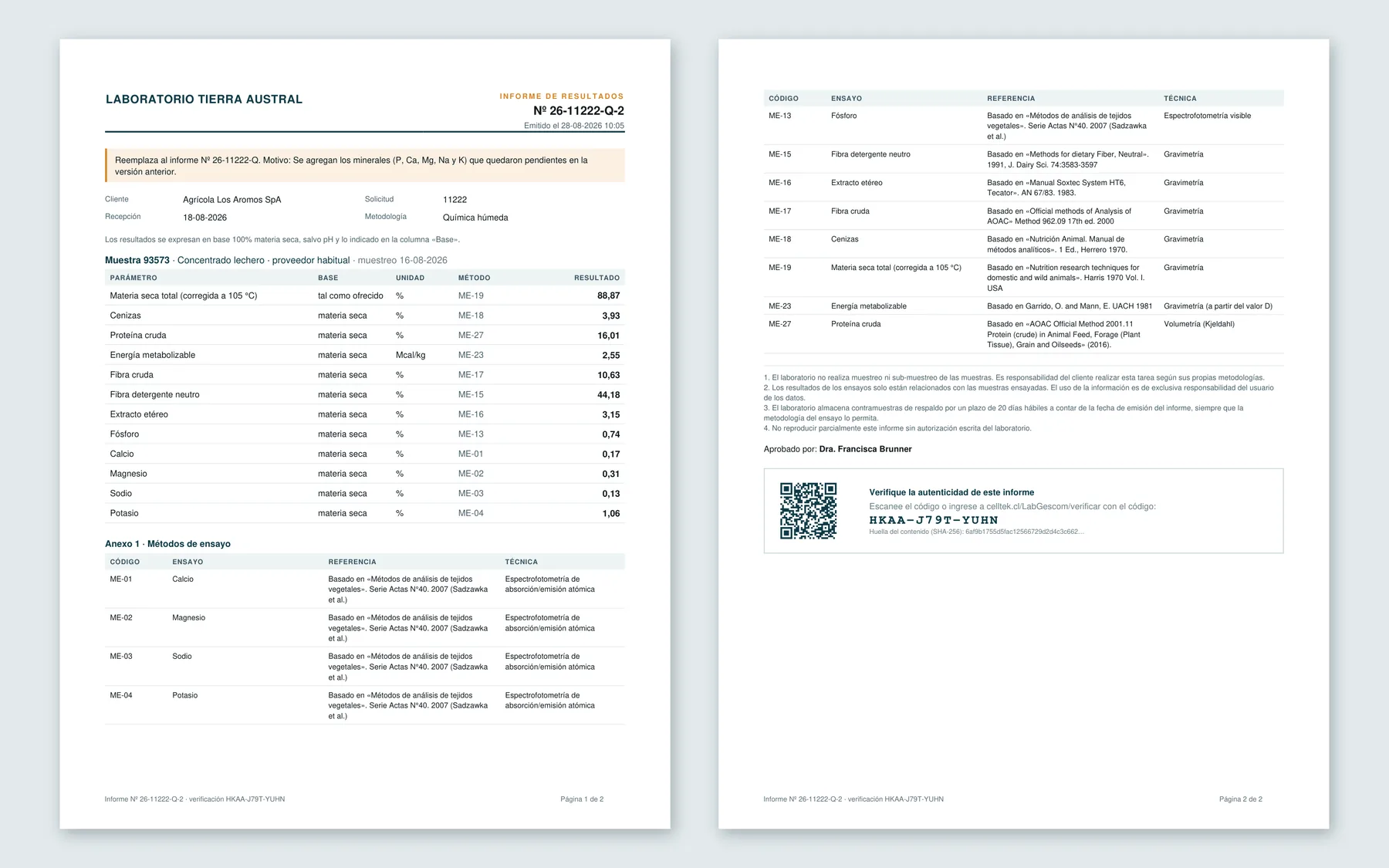 Informe de resultados en PDF con código QR de verificación