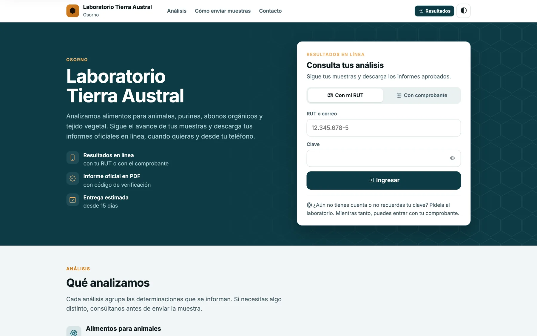 Página pública del laboratorio con consulta de resultados