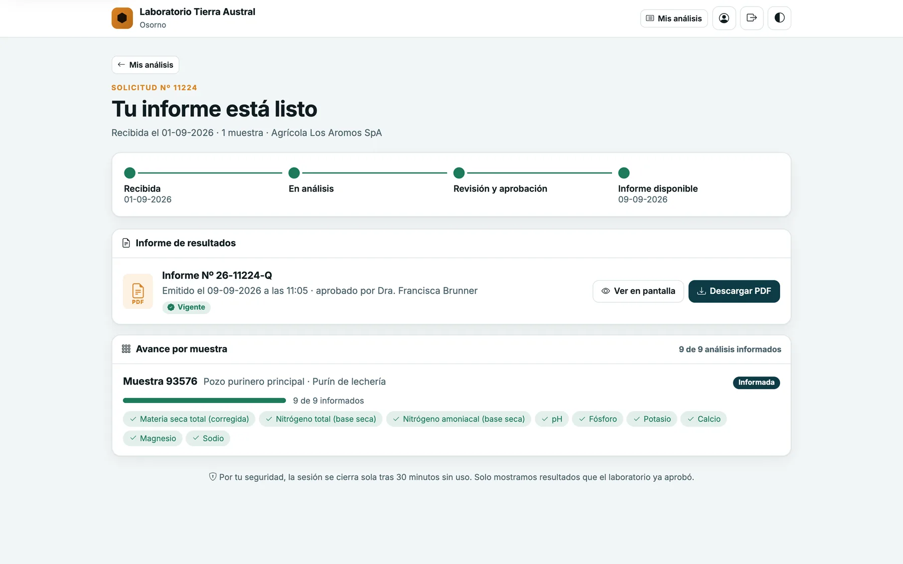 Portal del cliente con el avance de su solicitud e informe listo
