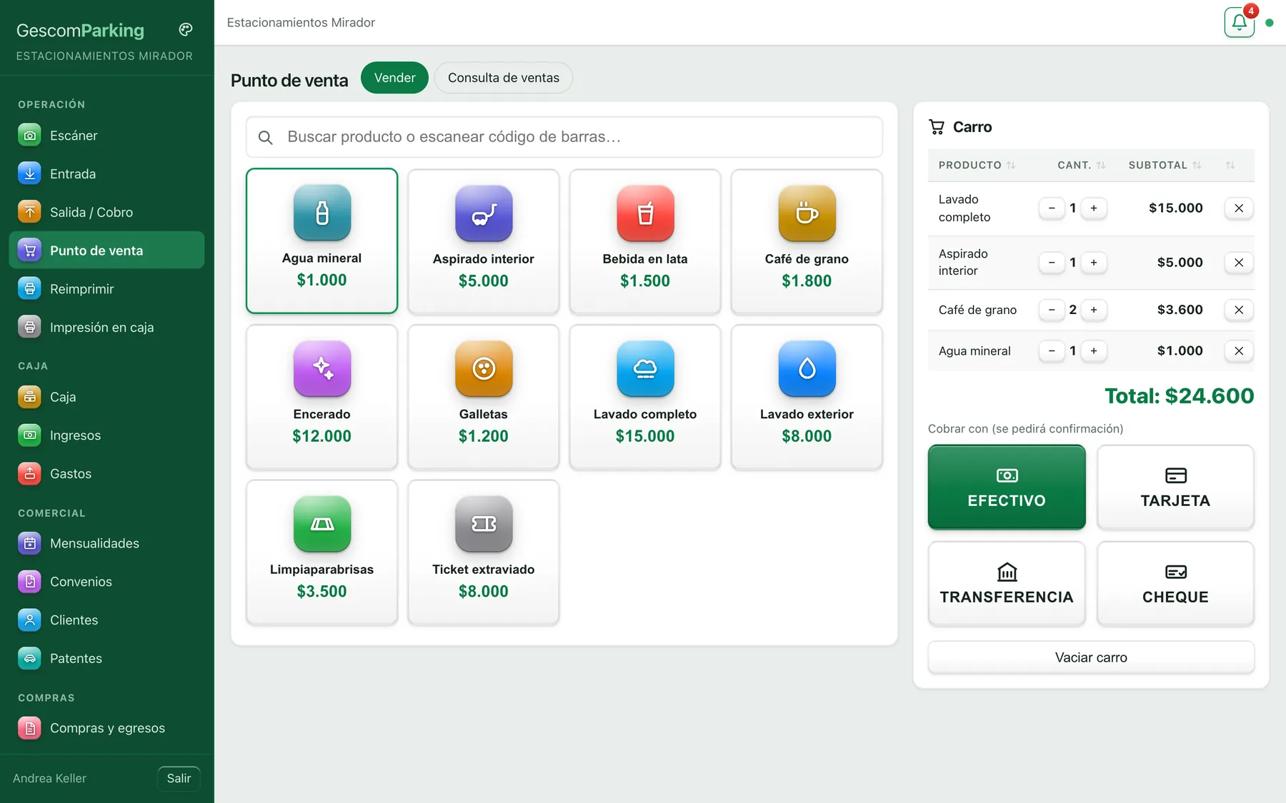 Punto de venta del estacionamiento con productos y carro