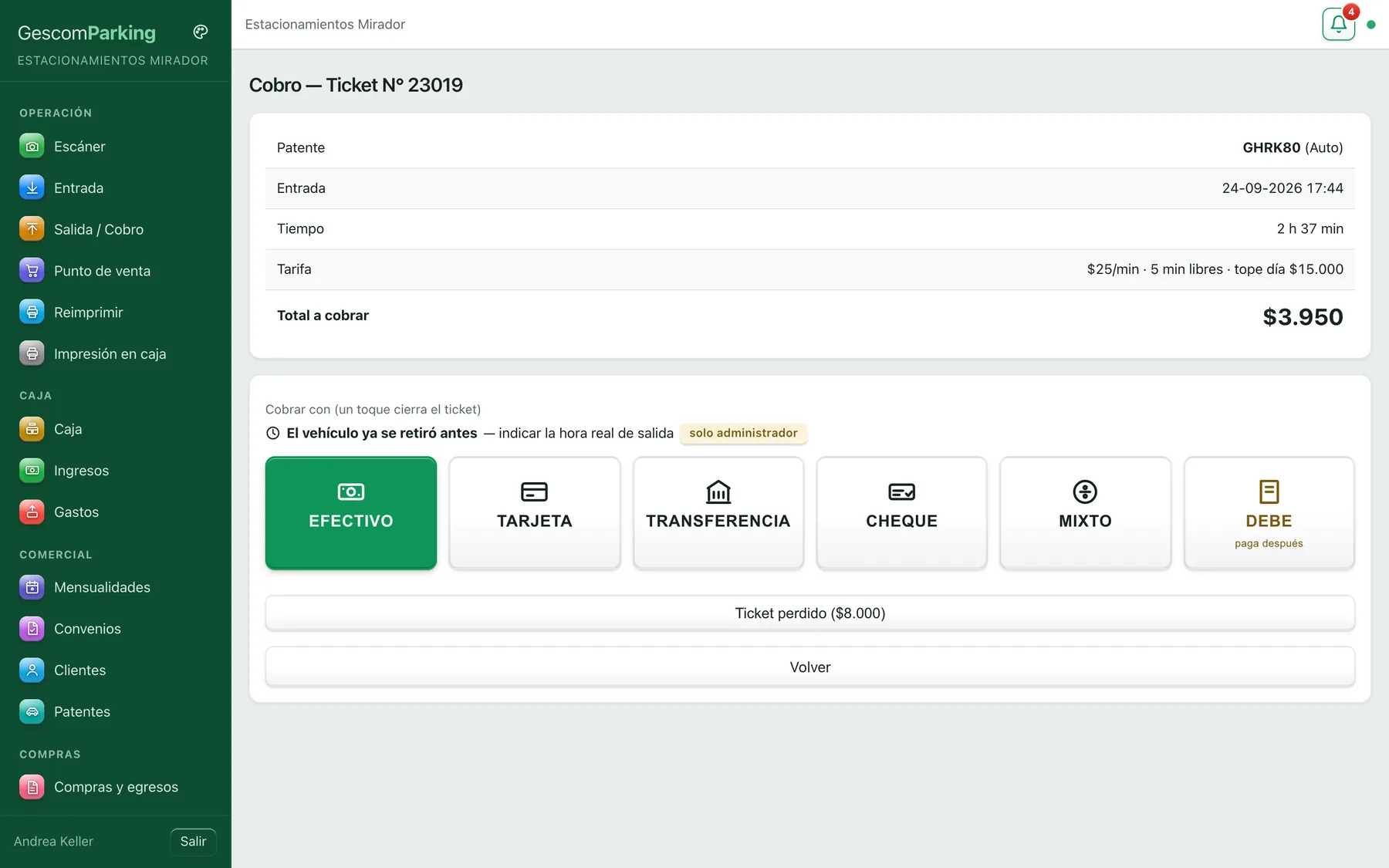 Cobro de un ticket con el tiempo, la tarifa y los medios de pago