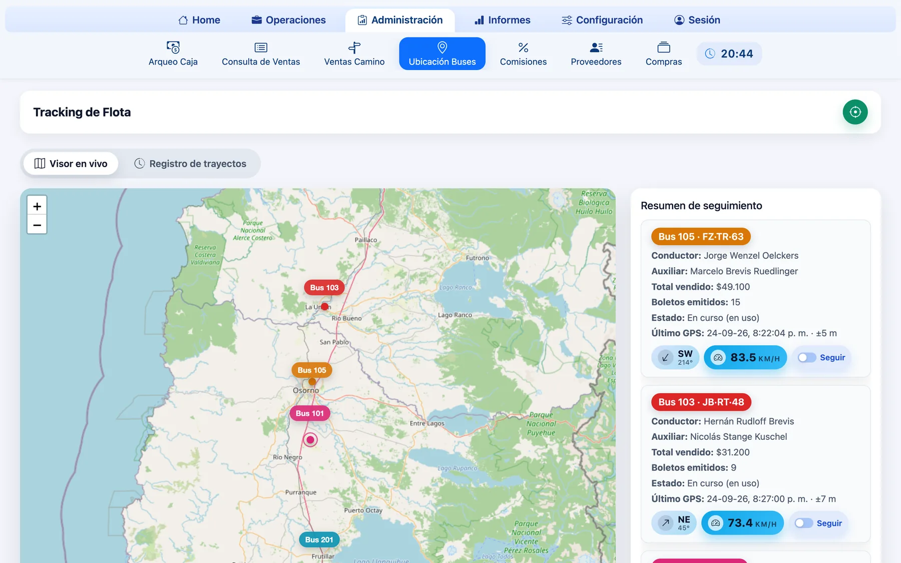 Seguimiento de la flota en el mapa con lo vendido por cada bus