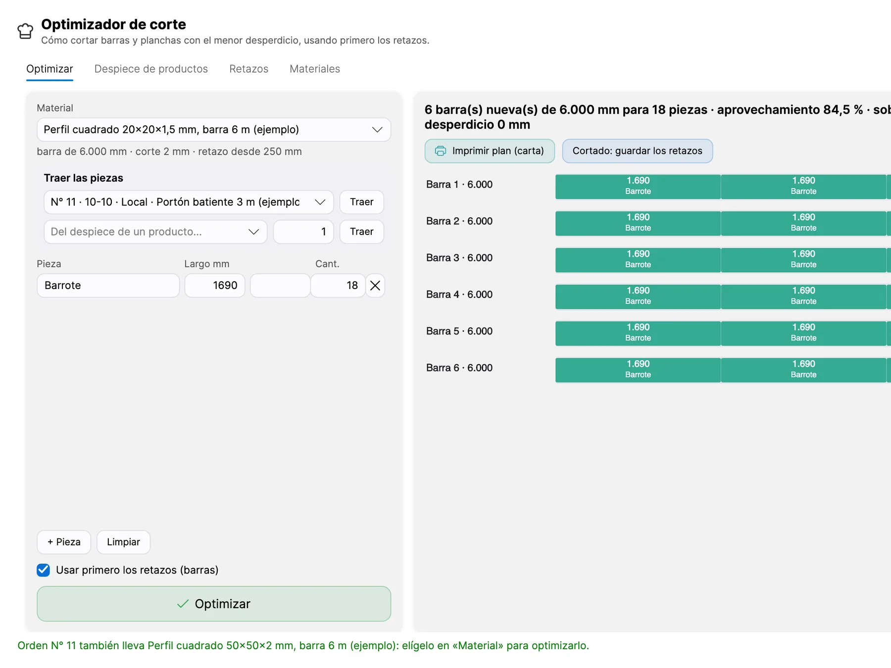 Optimizador de corte con las barras, las piezas y el aprovechamiento